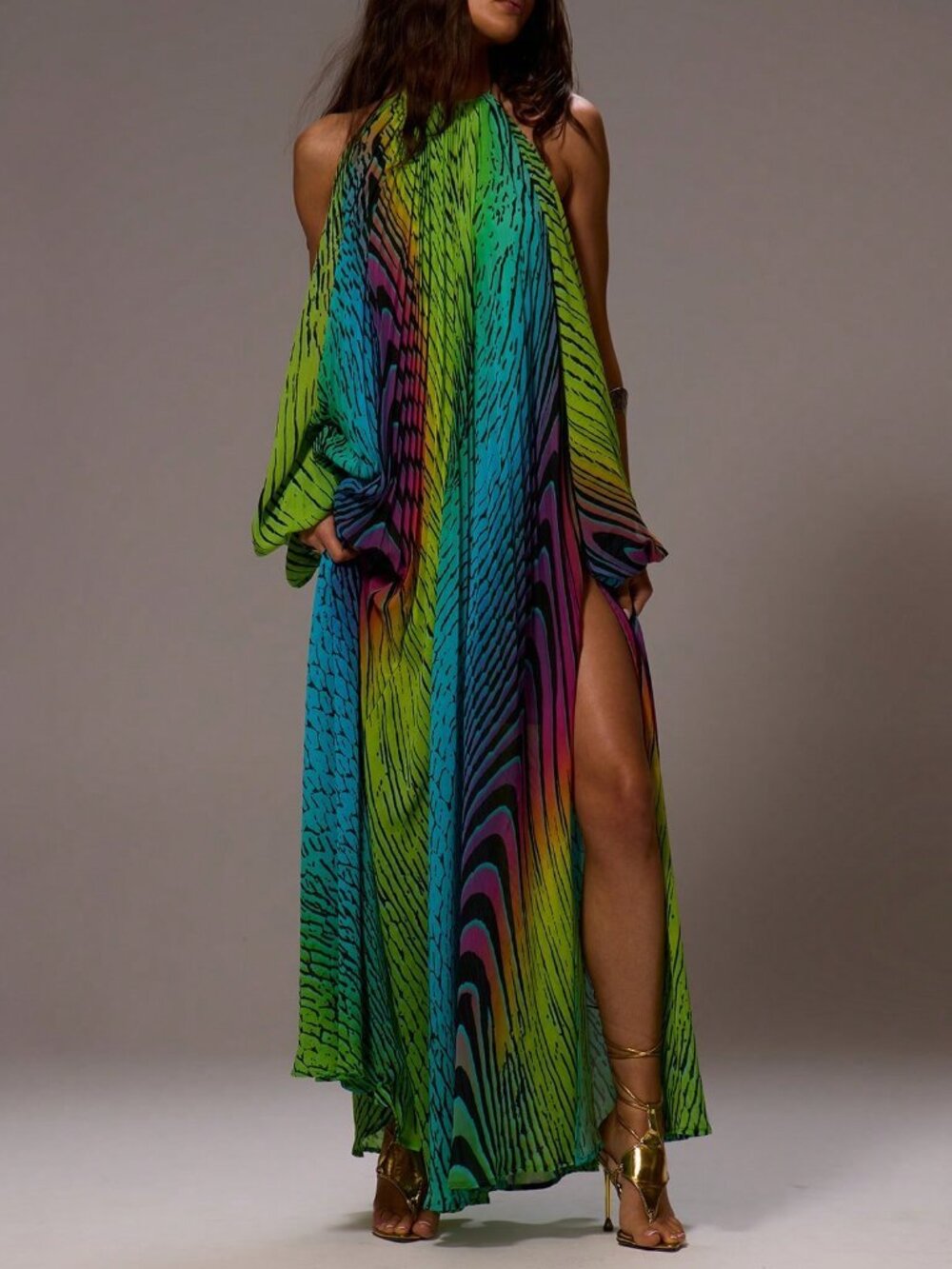 Yellow Boho Women's Chiffon Maxi Dress with Open Back Split Sleeves Halter Neck - Picture 5 of 6